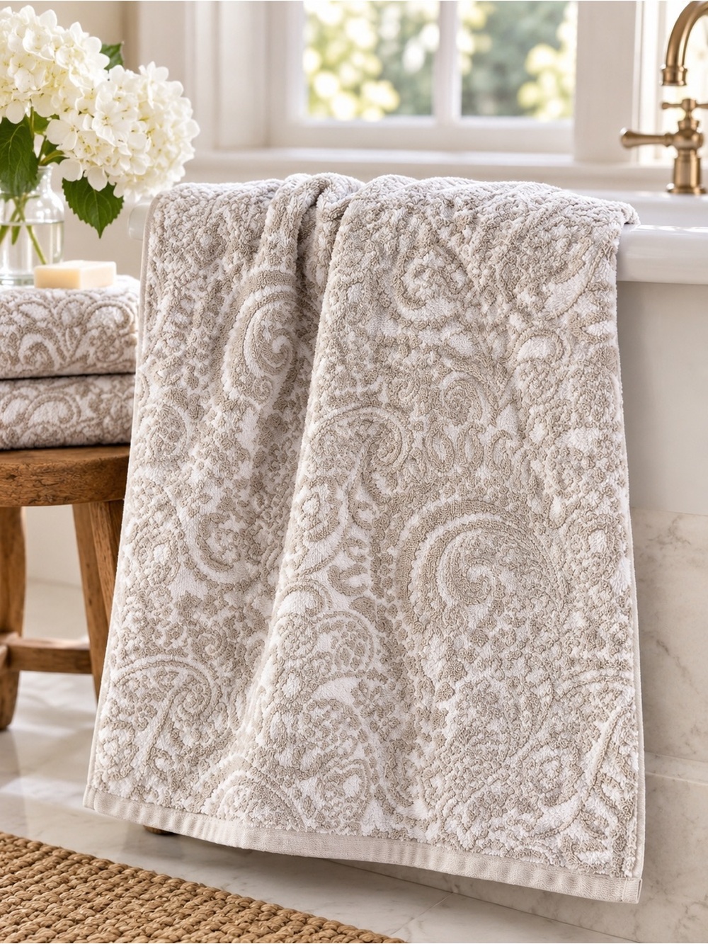 Ralph Lauren Paisley Bath Towel Beige Ivory 100% Cotton Luxury